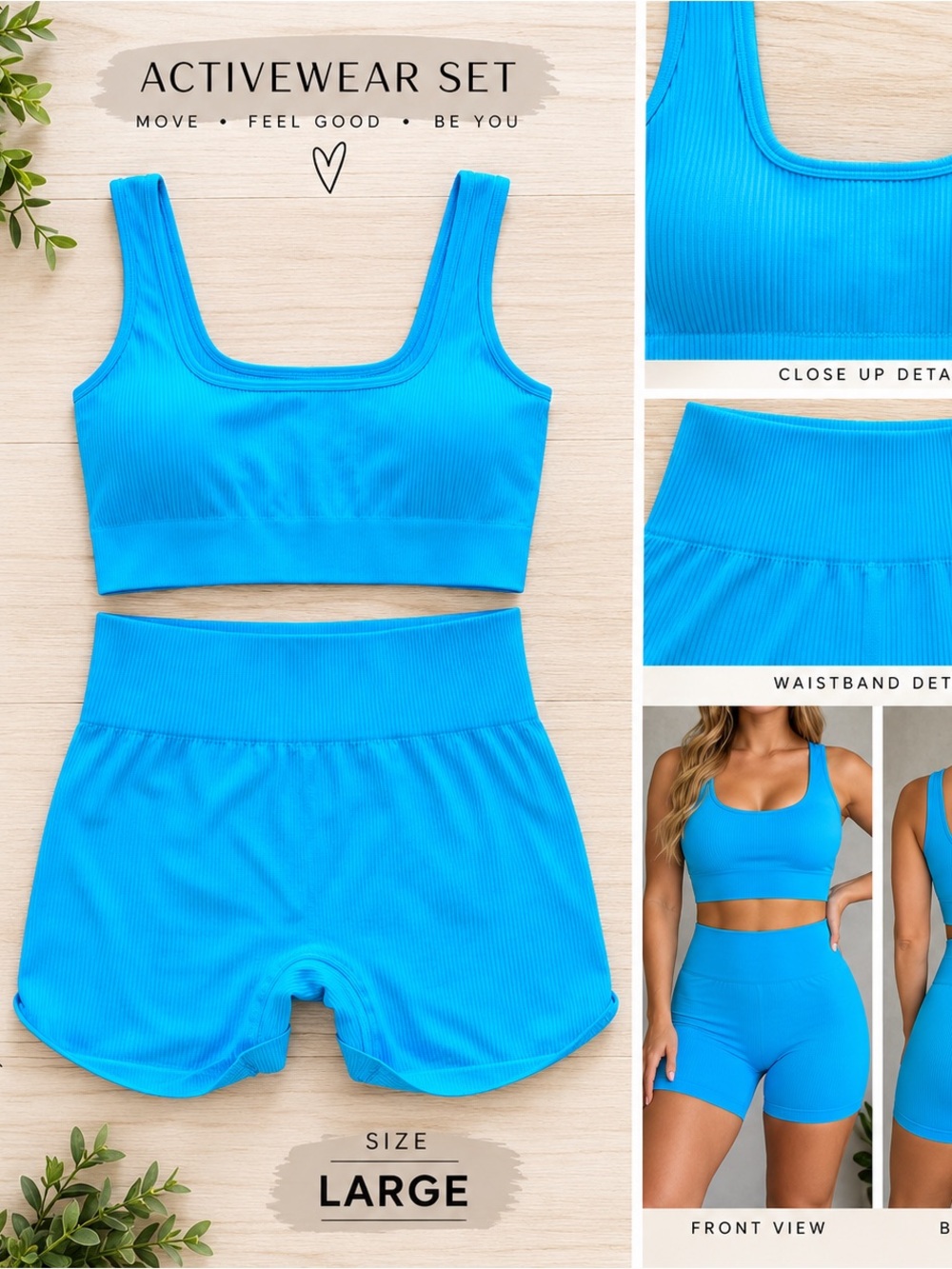 Activewear Seamless Ribbed Sports Bra & Shorts Set - Blue